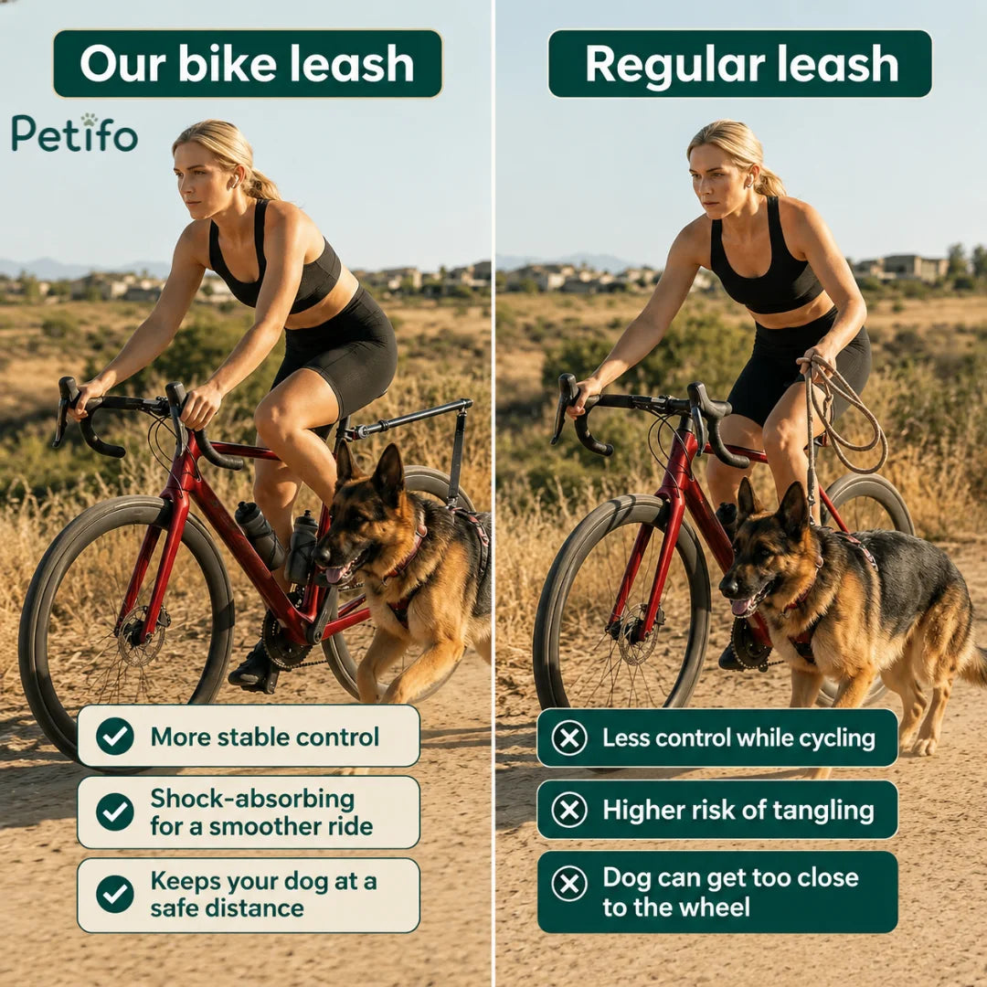 Comparison showing the stability and safety advantages of the Petifo bike leash versus a regular hand-held leash.