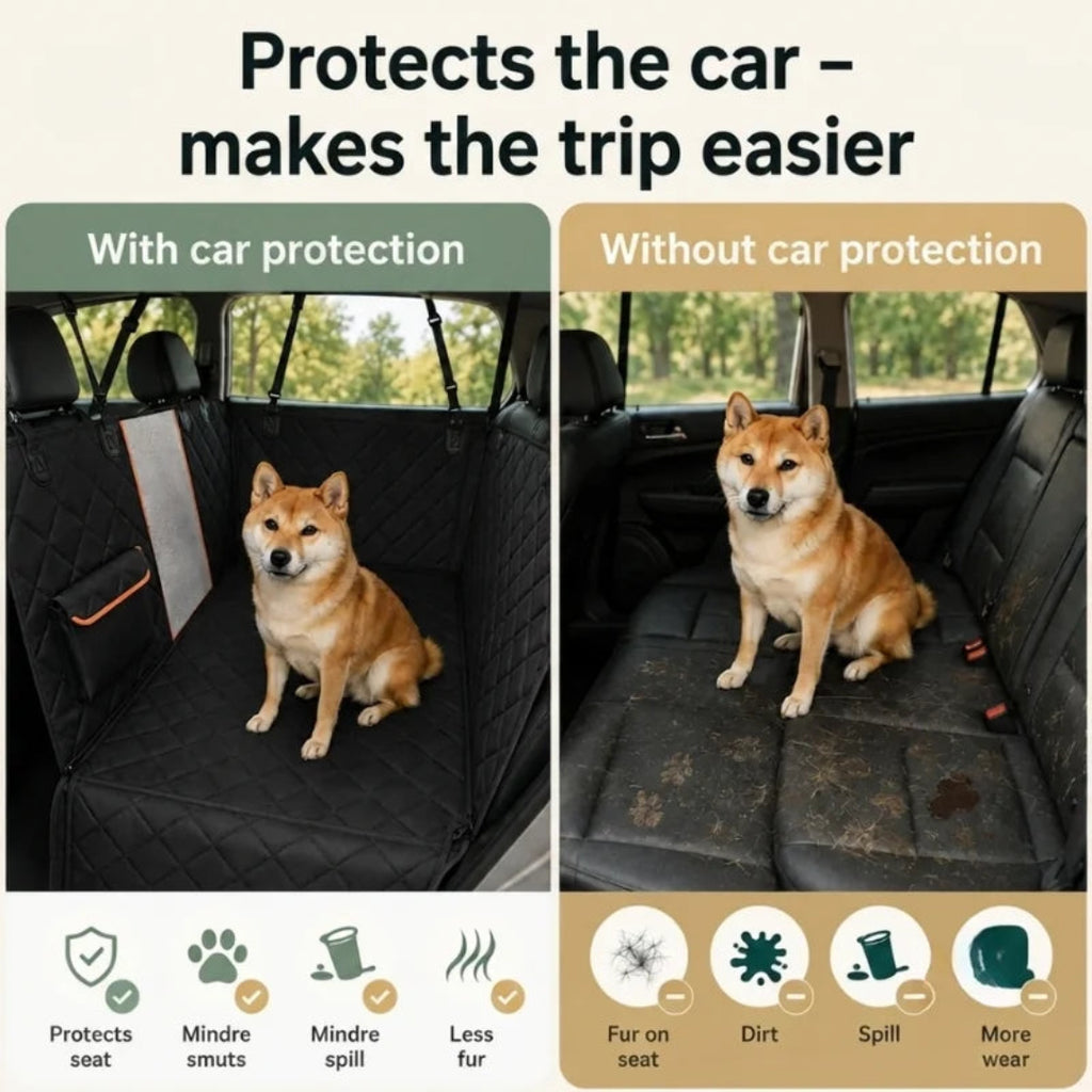 Comparison graphic showing the benefits of using a car seat protector for dogs to prevent fur, dirt, and spills versus an unprotected seat.