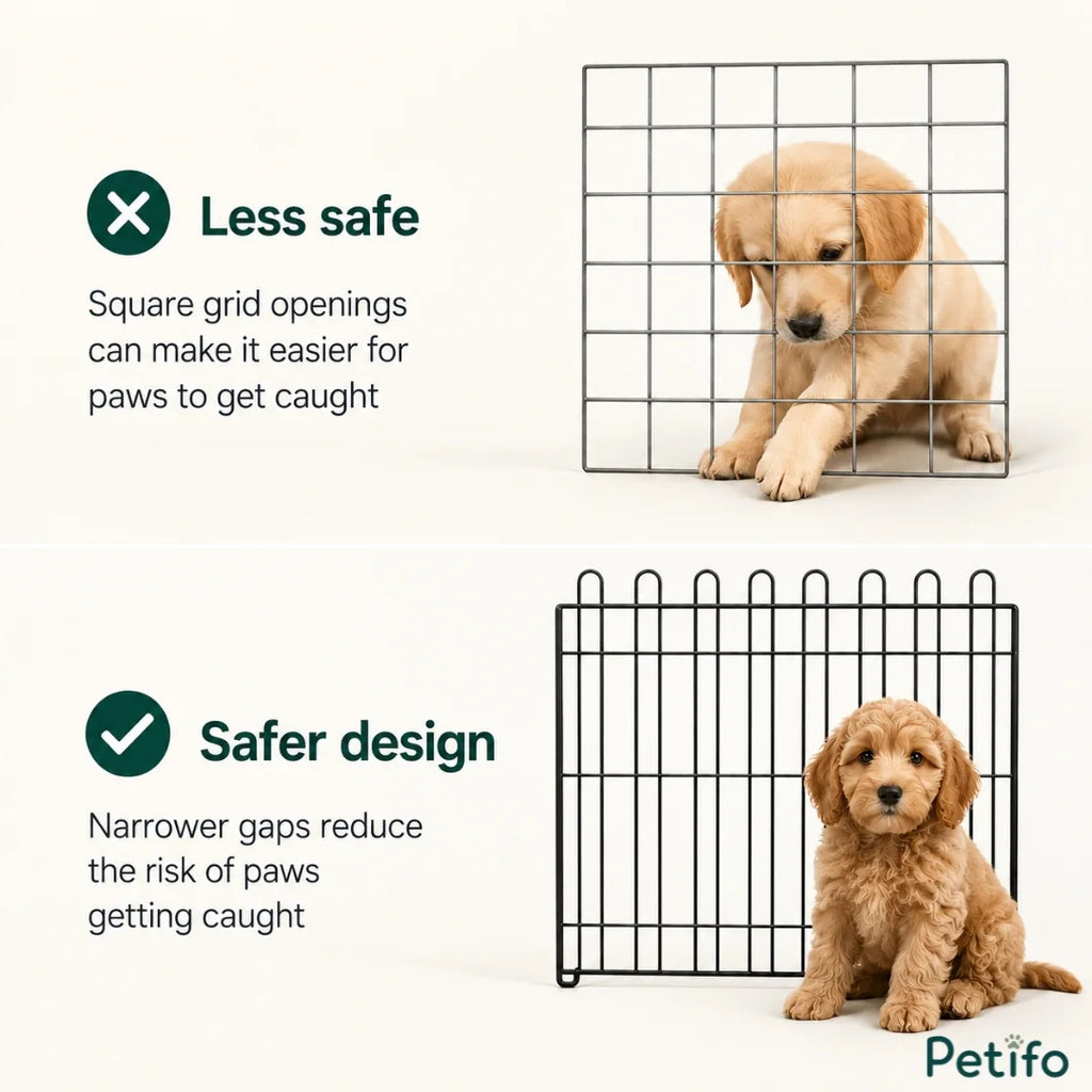 Safety comparison showcasing Petifo's narrow vertical wire gaps vs a dangerous wide square grid.