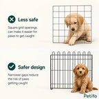Safety comparison showcasing Petifo's narrow vertical wire gaps vs a dangerous wide square grid.