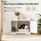 A side-by-side comparison showing how a hidden cat litter box cabinet improves home aesthetics, reduces odors, and provides privacy for the cat compared to an exposed box.