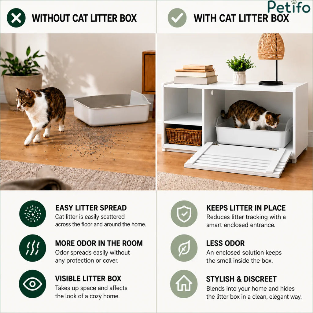 A side-by-side comparison showing how the Petifo hidden litter box enclosure prevents litter tracking, reduces odors, and creates a stylish, discreet look in the home compared to an open tray.