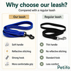Comparison chart highlighting the benefits of our reflective, soft-handled dog leash versus a standard thin leash