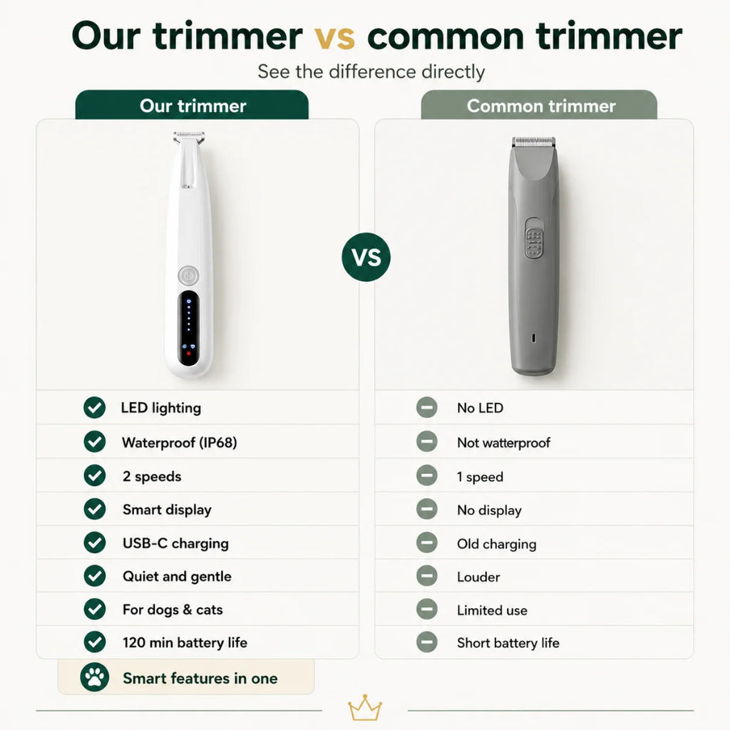 Comparison infographic showcasing features of an advanced smart pet trimmer versus a common basic trimmer.