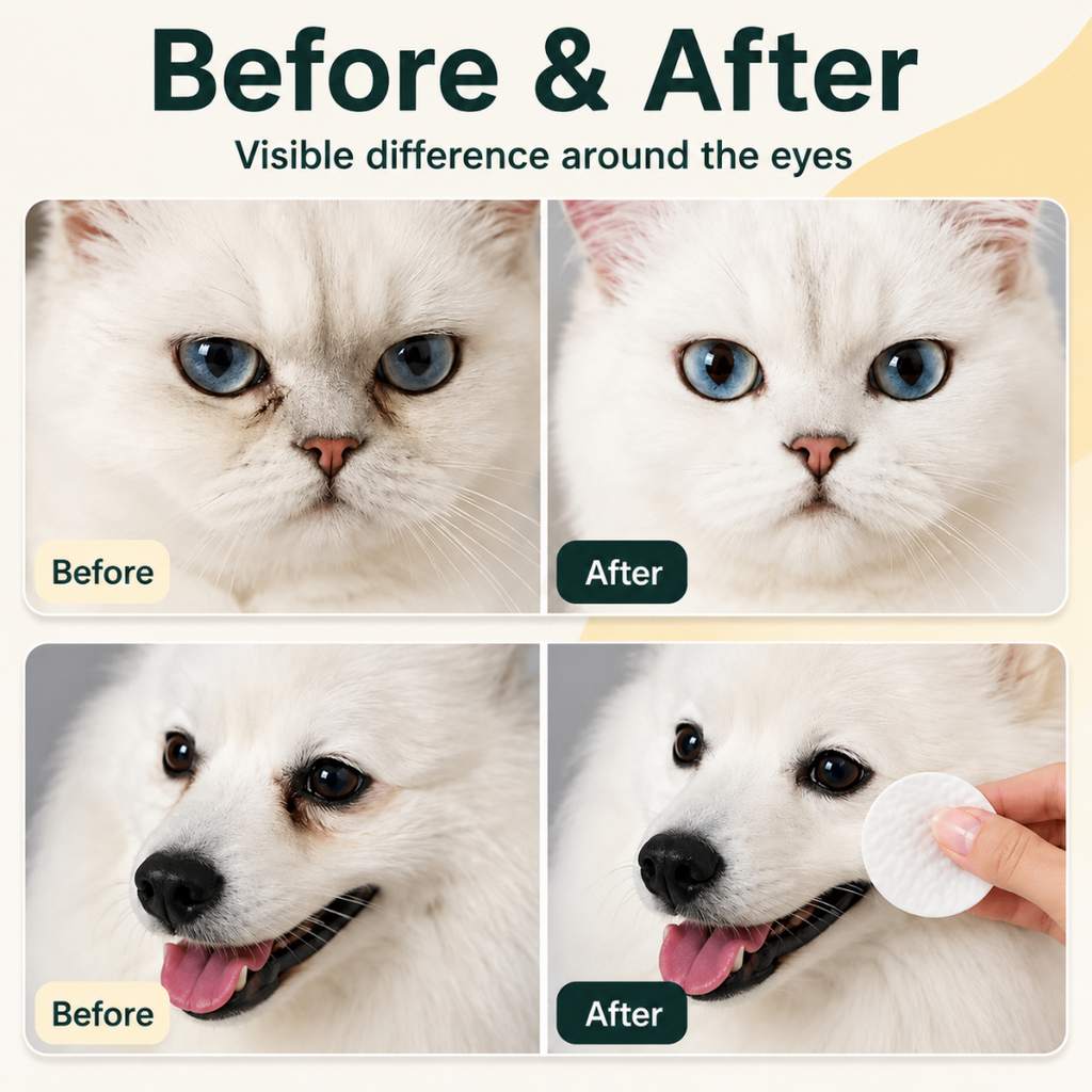 A before-and-after comparison infographic featuring a white cat and a white dog, demonstrating the visible reduction of tear stains and eye discharge after using the product.