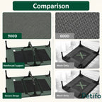 Comparison chart illustrating the superior 900D fabric, reinforced support, and secure straps of a Petifo elevated dog bed versus standard models.