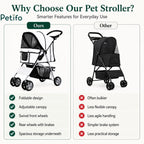 Comparison chart showcasing the advantages of the Petifo pet stroller over standard models, emphasizing its foldable design, agility, and practical storage.
