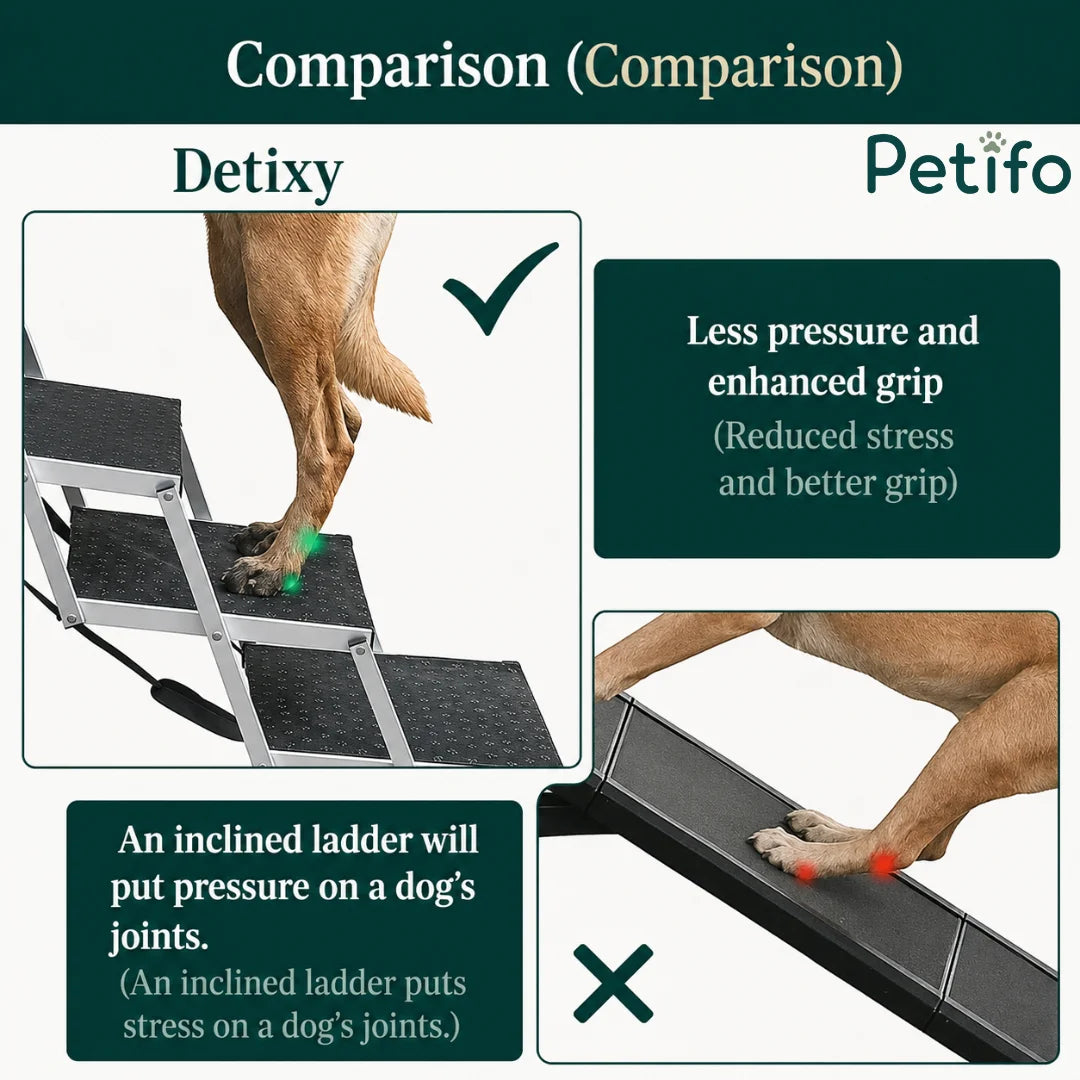 Comparison graphic showing how Detixy stairs reduce joint stress for dogs compared to traditional inclined ramps.