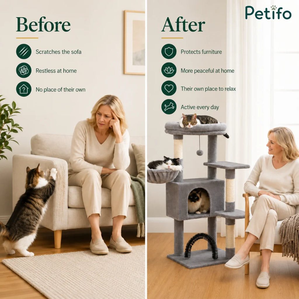 Comparison graphic showing a cat scratching furniture before and happily using our multi-level grey cat tree after.