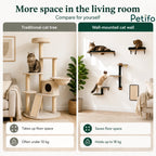Comparison graphic highlighting how a wall-mounted Petifo cat climbing set saves more floor space than a traditional cat tree.