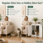 A comparison graphic illustrating the benefits of a hidden litter box—such as a cleaner look, storage space, and increased privacy—versus the drawbacks of a regular, exposed litter box.