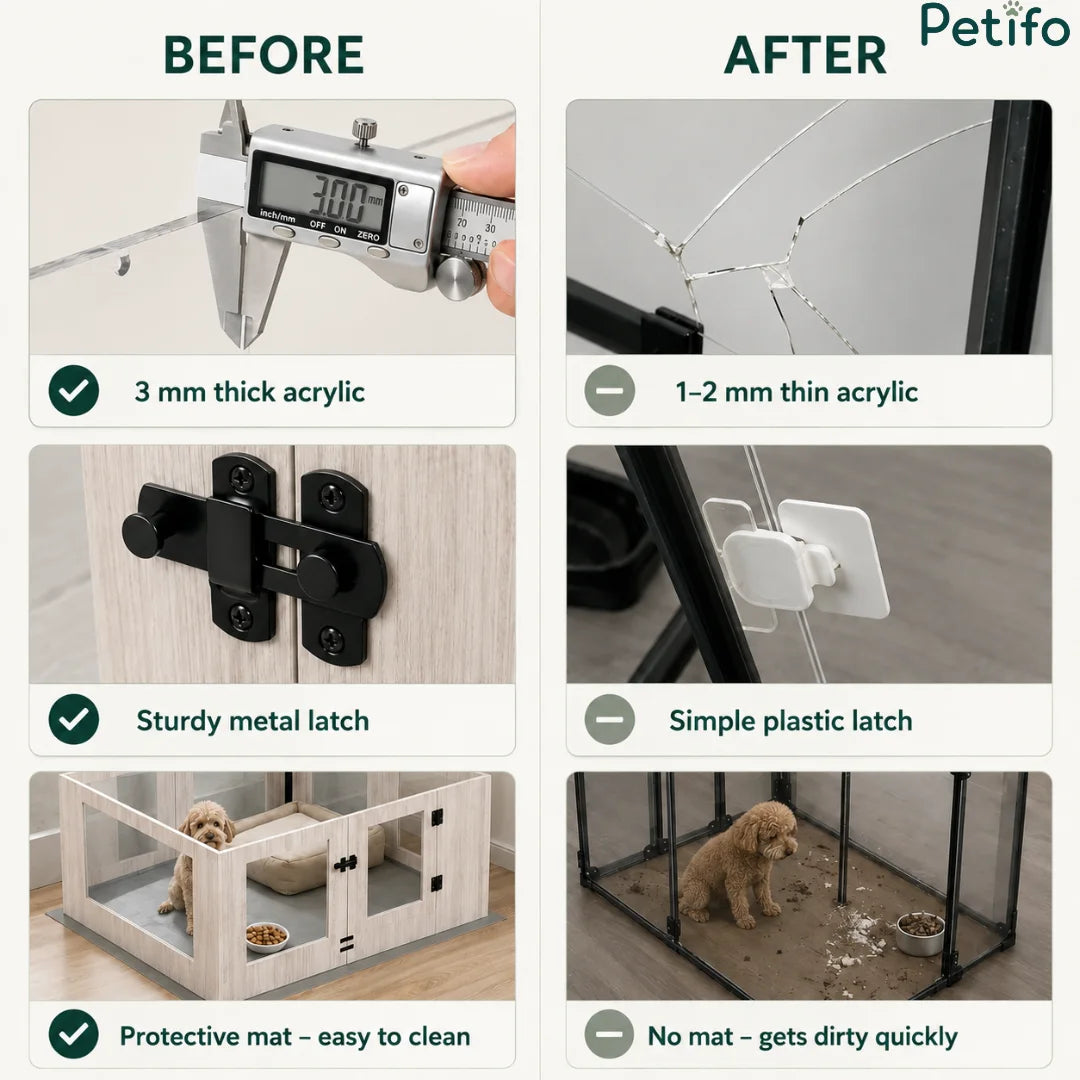 Feature comparison graphic highlighting the advantages of the Petifo playpen (3 mm thick acrylic, sturdy metal latch, and protective easy-to-clean mat) versus thinner alternatives.