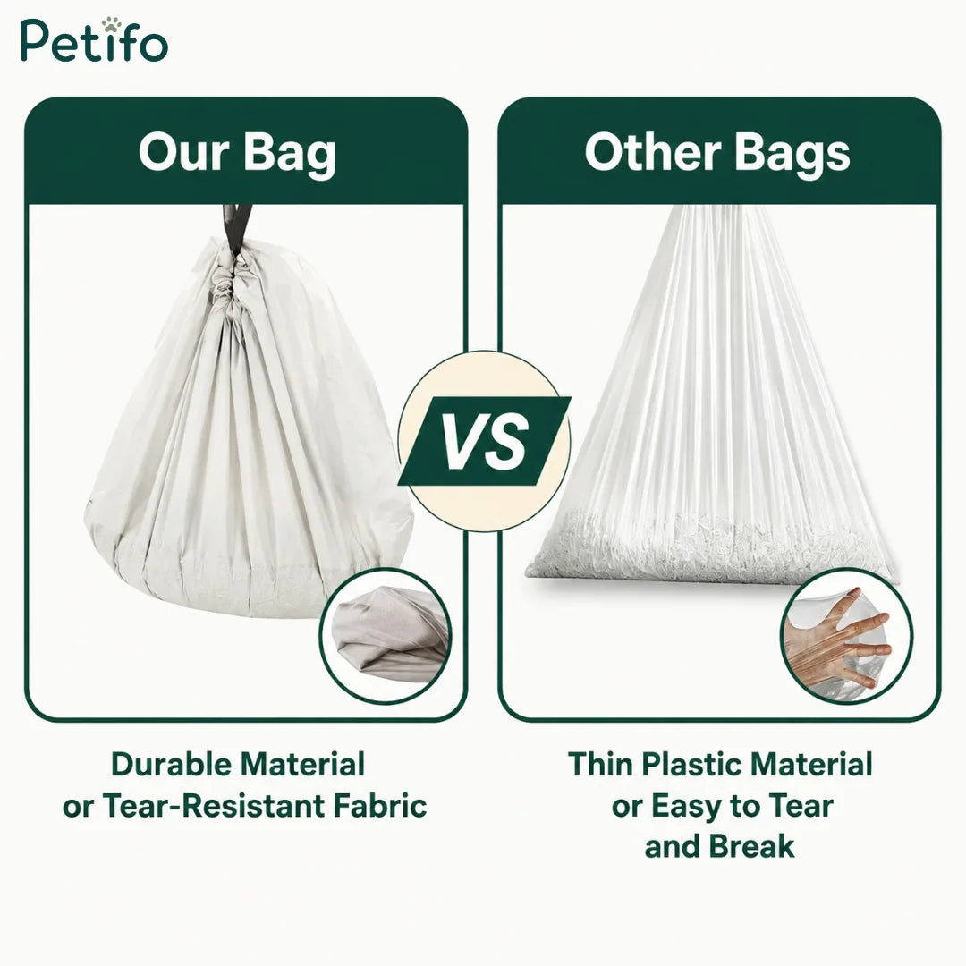 A comparison graphic highlighting the durability and tear-resistant fabric of Petifo's waste bag versus the thin, easily tearable plastic material of other standard bags.