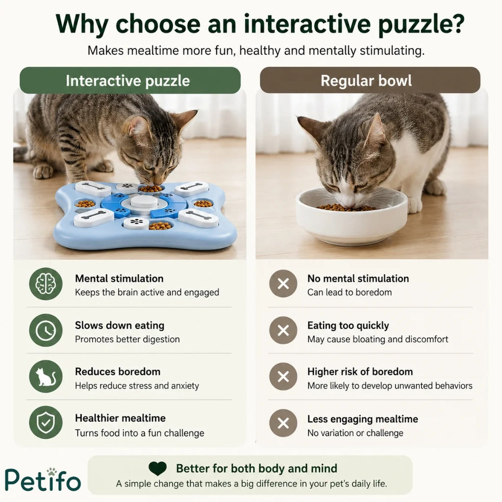Comparison infographic detailing benefits of Petifo interactive puzzle versus traditional pet food bowl