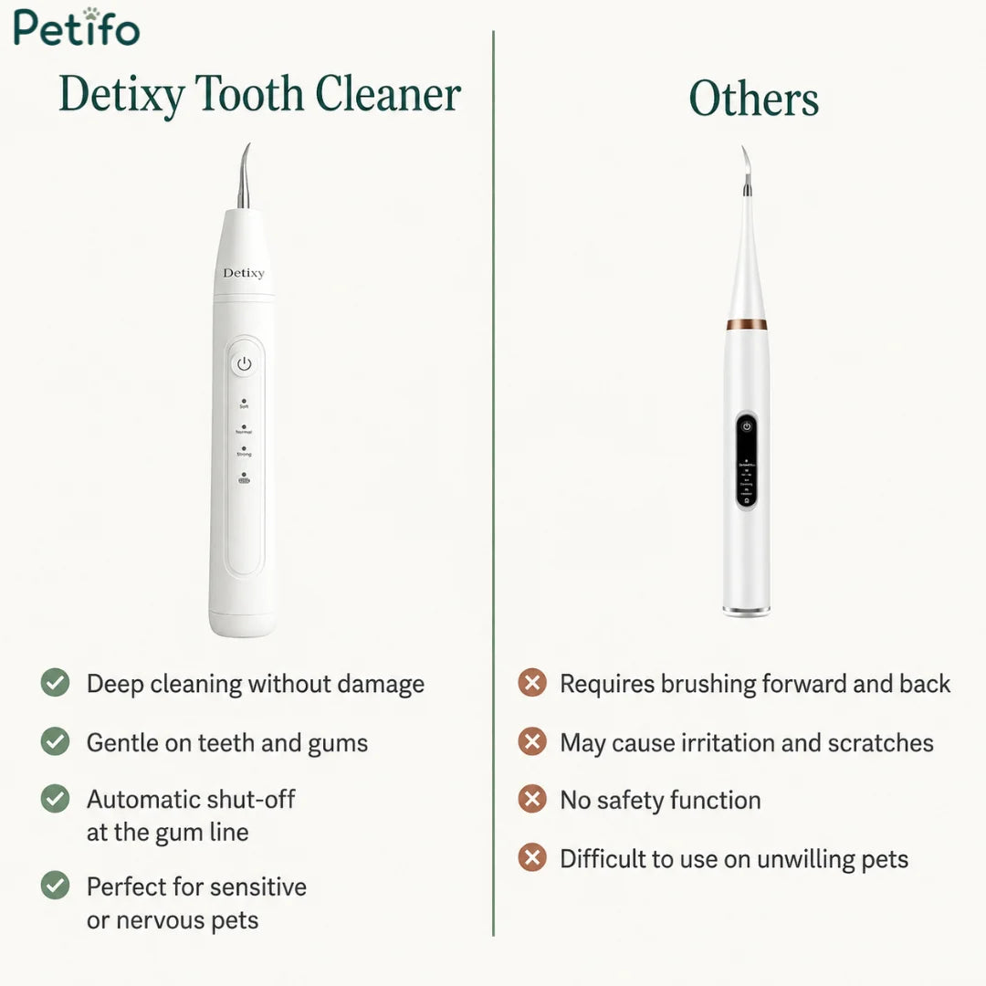Comparison infographic contrasting the Petifo Detixy Tooth Cleaner with other products, highlighting benefits like deep cleaning, gentle gums, automatic shut-off, and ease of use.