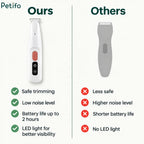 A product comparison graphic showing the white mini pet trimmer's safe design, low noise, and LED light features against a standard trimmer.