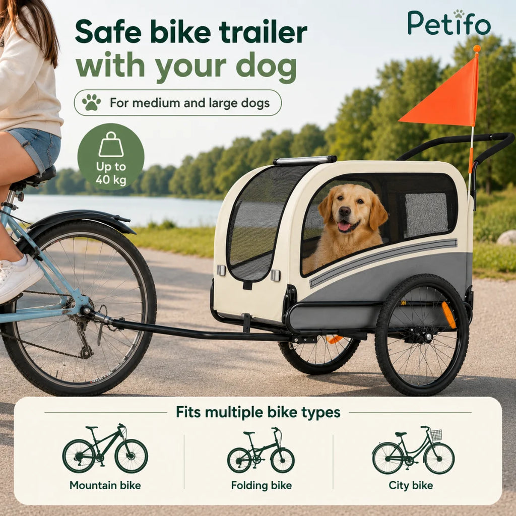 A Petifo pet bike trailer with a 40 kg capacity attached to a bicycle, showing compatibility with mountain, folding, and city bikes.