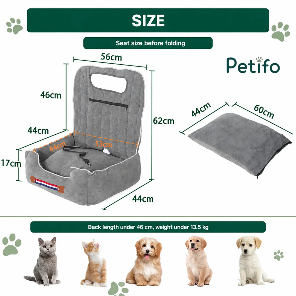 A detailed size and compatibility chart for the Petifo pet car seat, showing dimensions for various small dogs and cats.