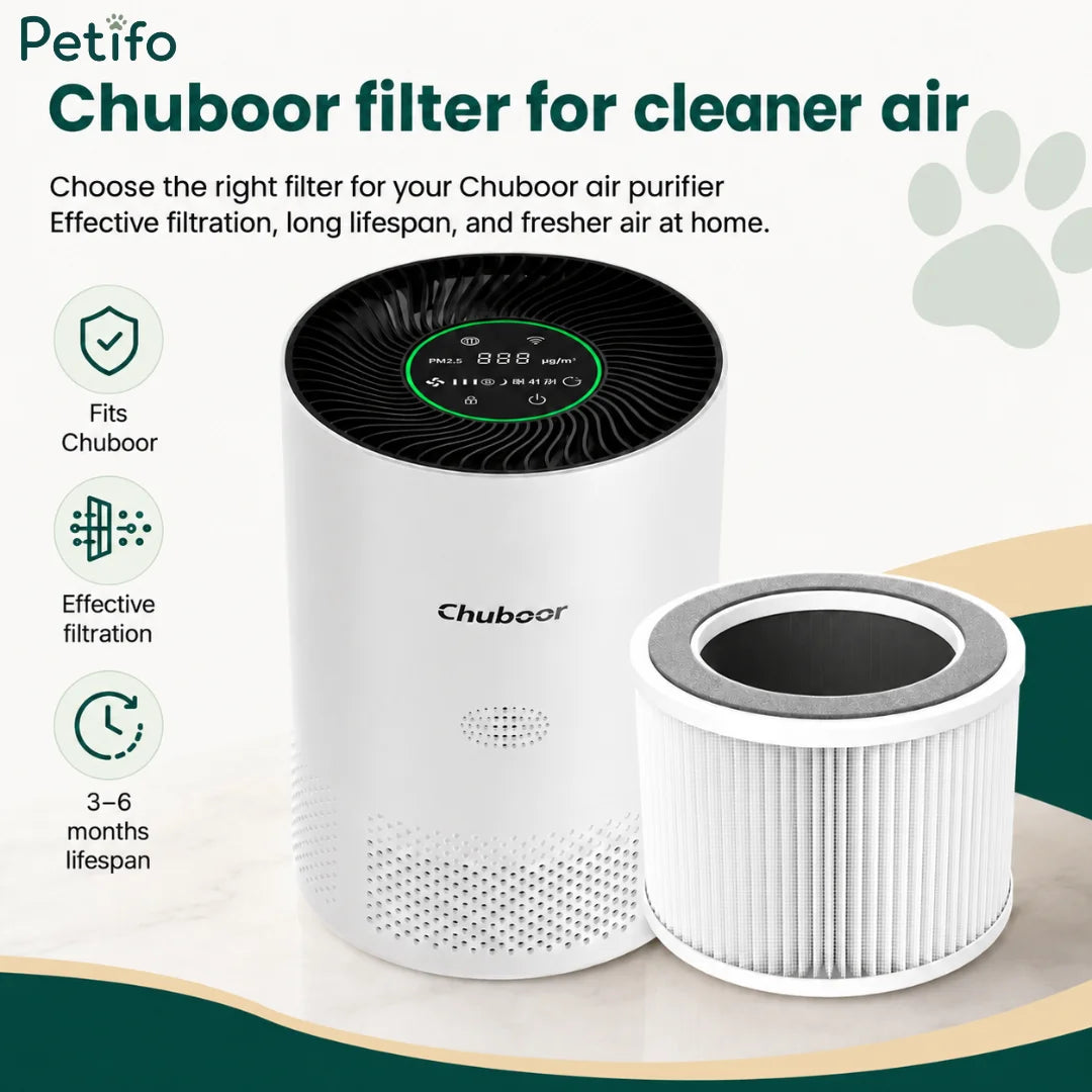 Overview of the Chuboor air purifier and compatible replacement filter for cleaner home air.