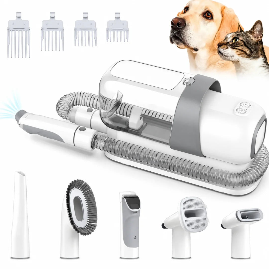 Complete set of Petifo pet grooming tools including the main vacuum unit, hose, clippers, brushes, and four different clipper guide combs.