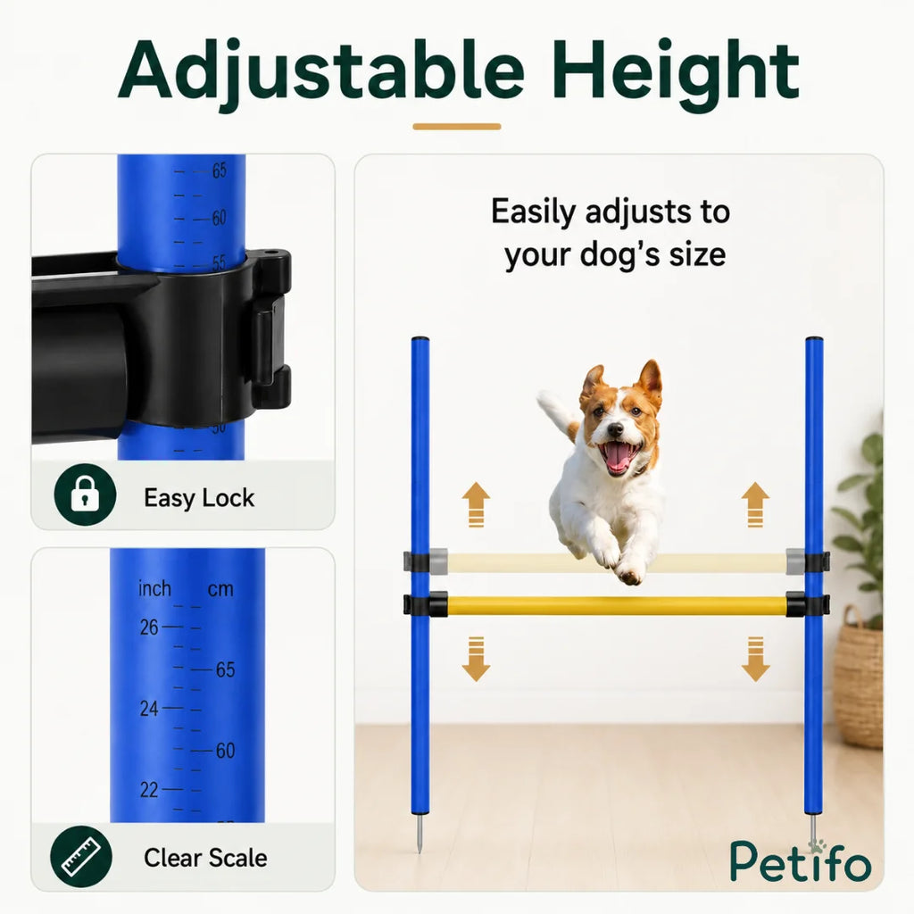 Complete parts list for the Petifo dog agility training set, including poles, stakes, and a blue carry bag.