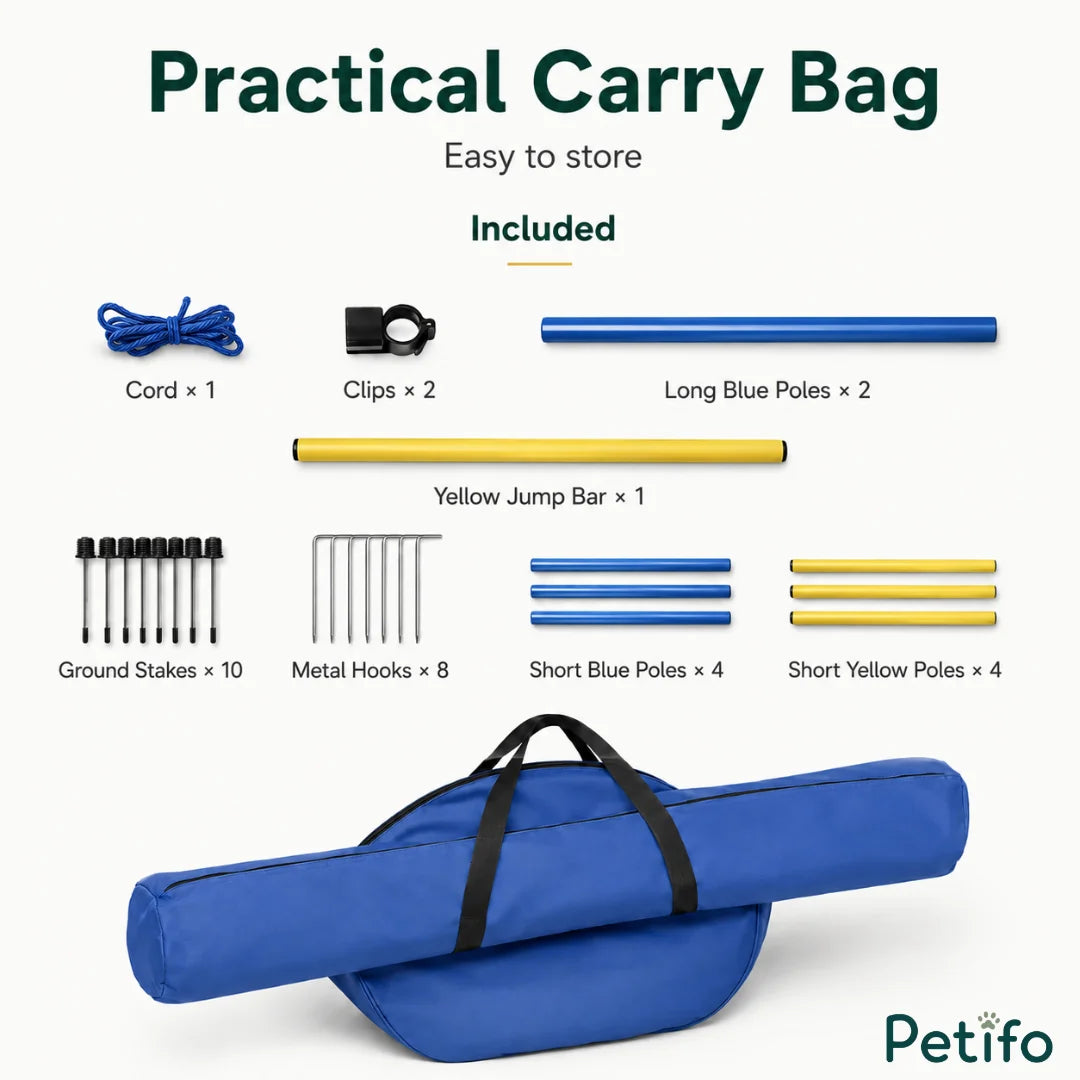 Complete parts list for the Petifo dog agility training set, including poles, stakes, and a blue carry bag.