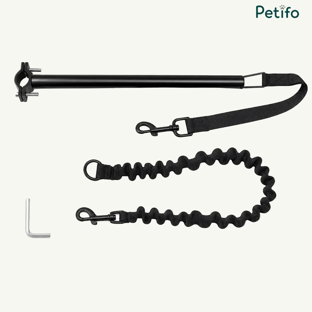 Complete set of Petifo bicycle dog leash components including metal mounting rod, bungee leash, and hex key.