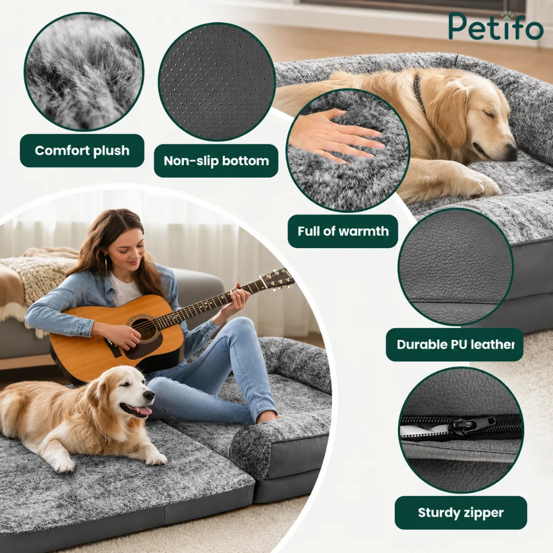 Comprehensive feature overview of the Petifo dog sofa, highlighting plush fabric, non-slip bottom, durable PU leather, and sturdy zipper construction.