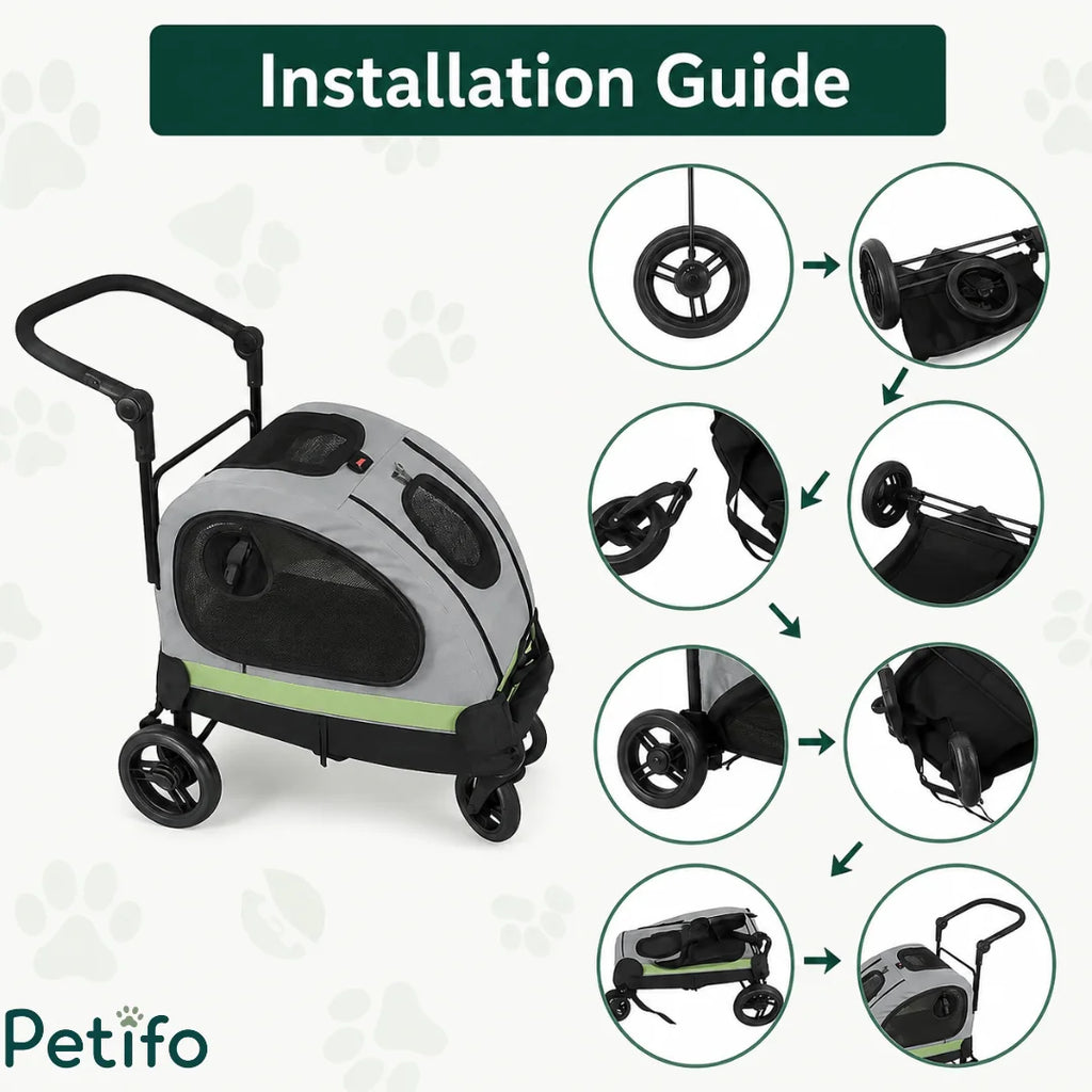 A comprehensive installation guide showing the simple process of assembling the wheels and frame of the Petifo pet stroller.