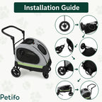 A comprehensive installation guide showing the simple process of assembling the wheels and frame of the Petifo pet stroller.