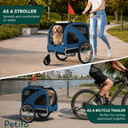 Petifo pet trailer shown in two modes: as a convenient stroller for walks and a secure bicycle trailer for rides.