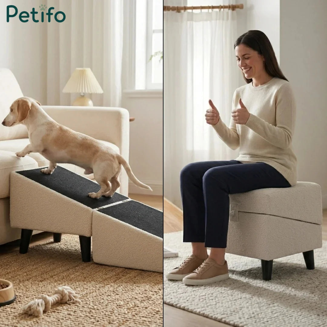 Split lifestyle image showing a dog using the ramp on the left and a woman sitting comfortably on the converted pouffe on the right.