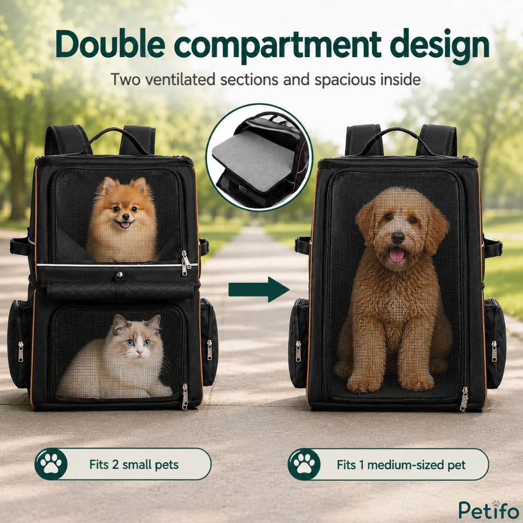 Convertible pet backpack design layout showing how the internal divider converts a two-pet carrier into a single large pet space.