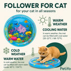 Instructions showing how to fill the cat water mat with cool or warm water for different seasons.
