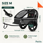 Technical size diagram for a medium-sized pet bike trailer, displaying dimensions, coupling specifications, and a 9.6 kg product weight.