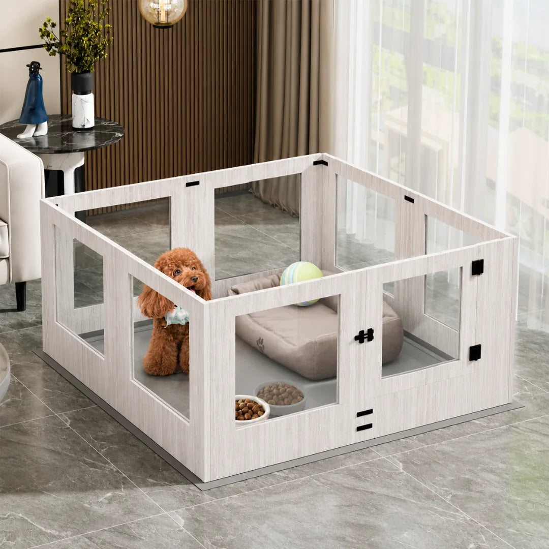 A cozy dog resting inside a stylish light wood pet enclosure with glass panels in a living room.