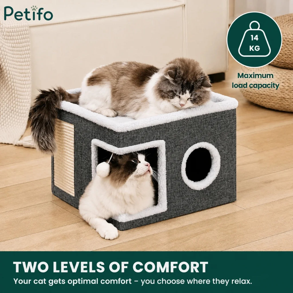 Infographic displaying the two-level Lunatto cat house with a plush top bed, a cozy lower condo, and a 14 kg maximum weight limit.
