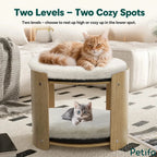 Two-level cat furniture providing cozy resting spots for pets on both the top tier and the lower level.