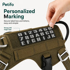 This dog harness features a Velcro surface that allows you to easily attach customizable letters and numbers.