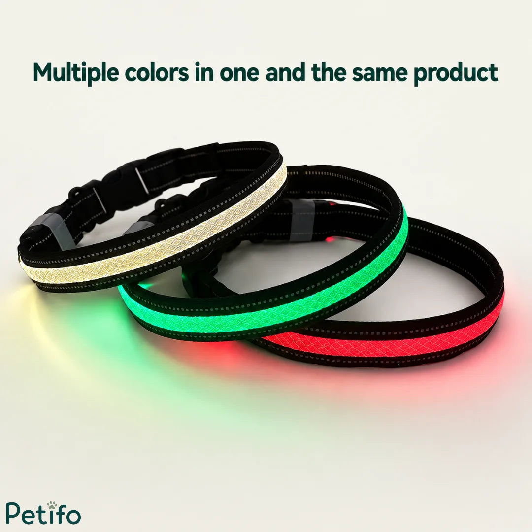 Three smart LED dog collars stacked together displaying multiple customizable colors on a single product.