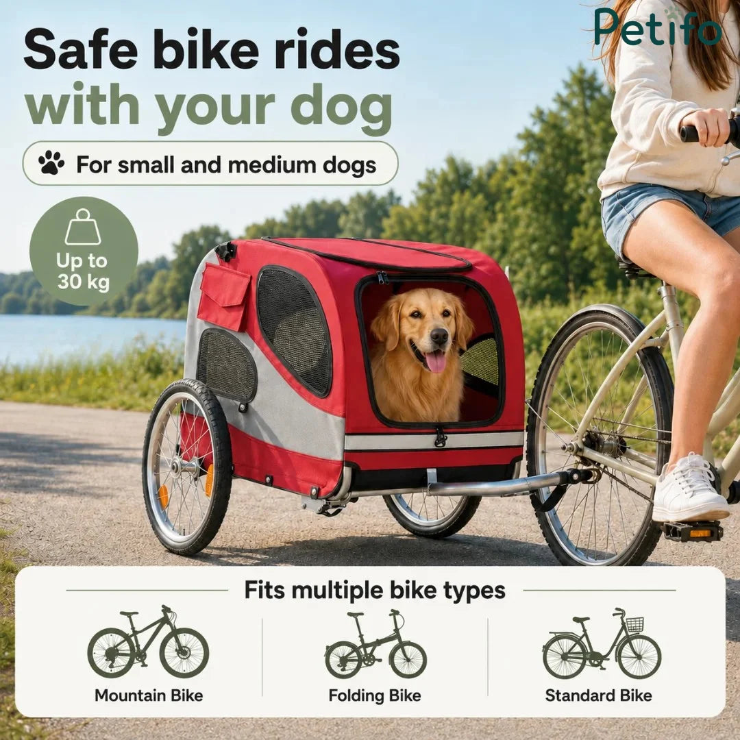 A person cycling with a Petifo pet bike trailer carrying a dog, noting a maximum weight capacity of 30 kg and compatibility with mountain, folding, and standard bikes.