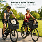 Cyclists riding outdoors with dogs and cats safely secured in Petifo bicycle baskets.