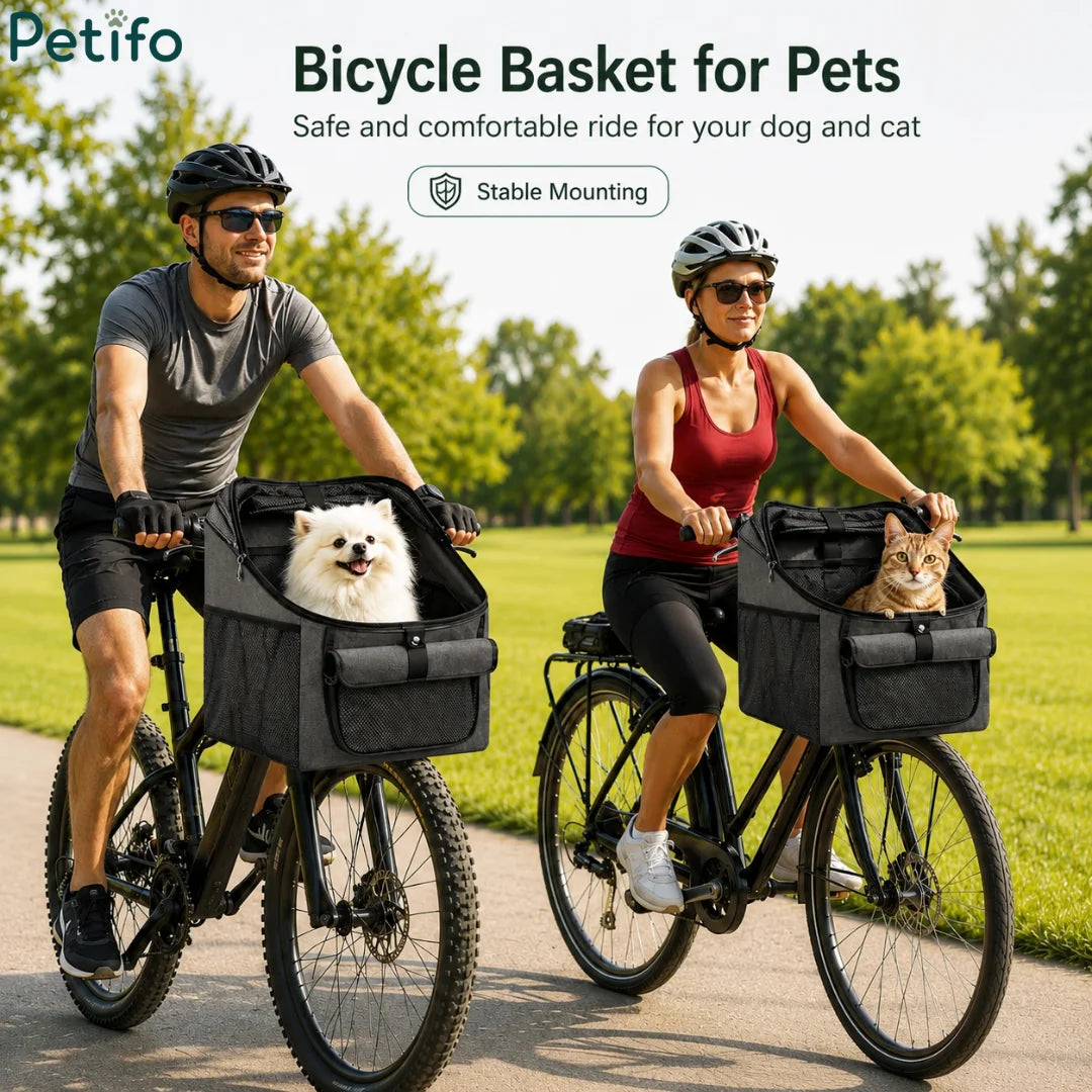 Cyclists riding outdoors with dogs and cats safely secured in Petifo bicycle baskets.
