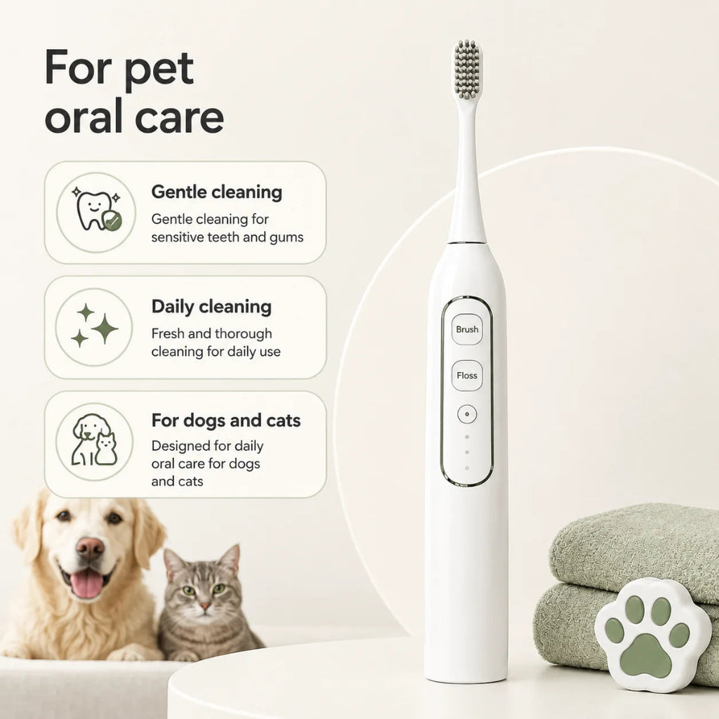 Electric pet toothbrush for daily oral care being featured alongside a happy dog and cat.