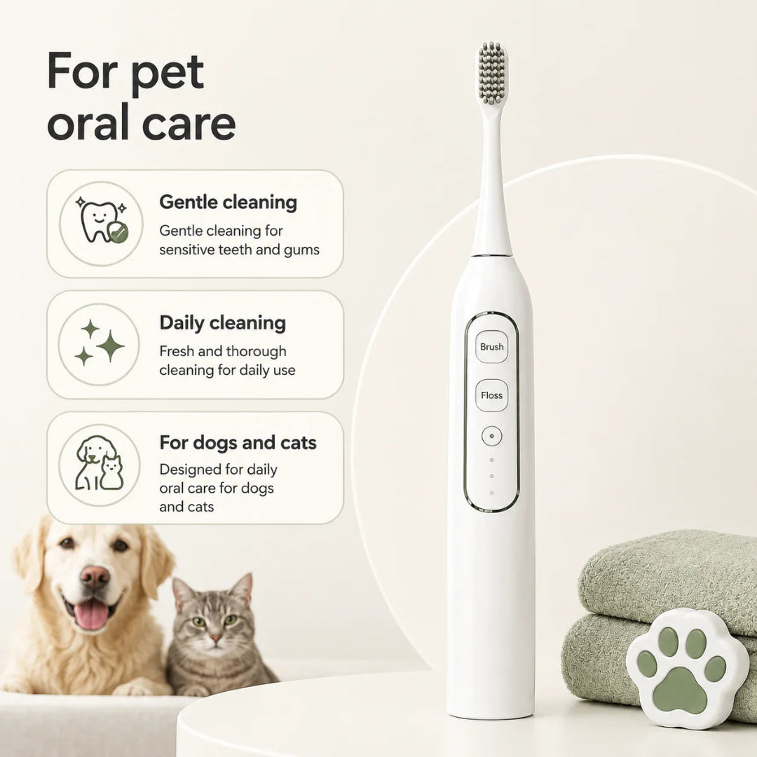 Electric pet toothbrush for daily oral care being featured alongside a happy dog and cat.