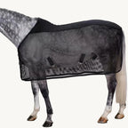 Dappled grey horse standing against a white background while wearing a black fly sheet.