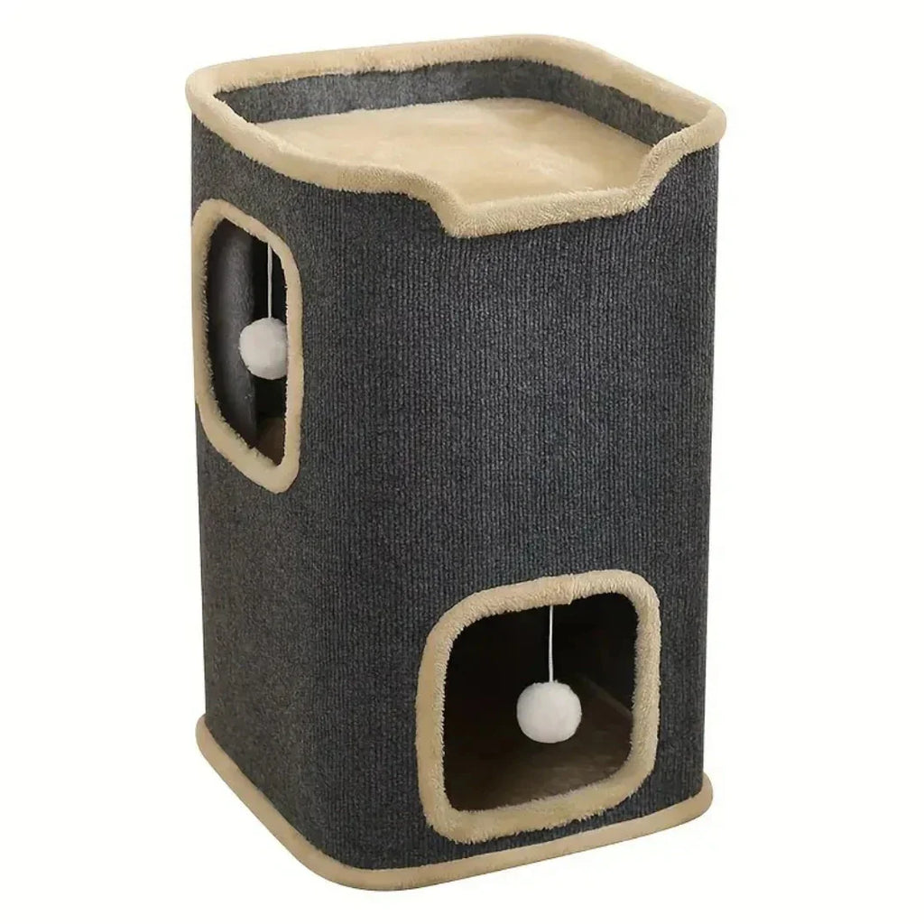 A dark grey Petifo cat house tower with beige trim, featuring two levels with hanging plush ball toys.