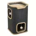 A dark grey Petifo cat house tower with beige trim, featuring two levels with hanging plush ball toys.