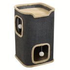 A dark grey Petifo cat house tower with beige trim, featuring two levels with hanging plush ball toys.
