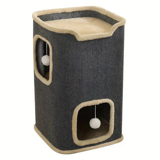A dark grey Petifo cat house tower with beige trim, featuring two levels with hanging plush ball toys.